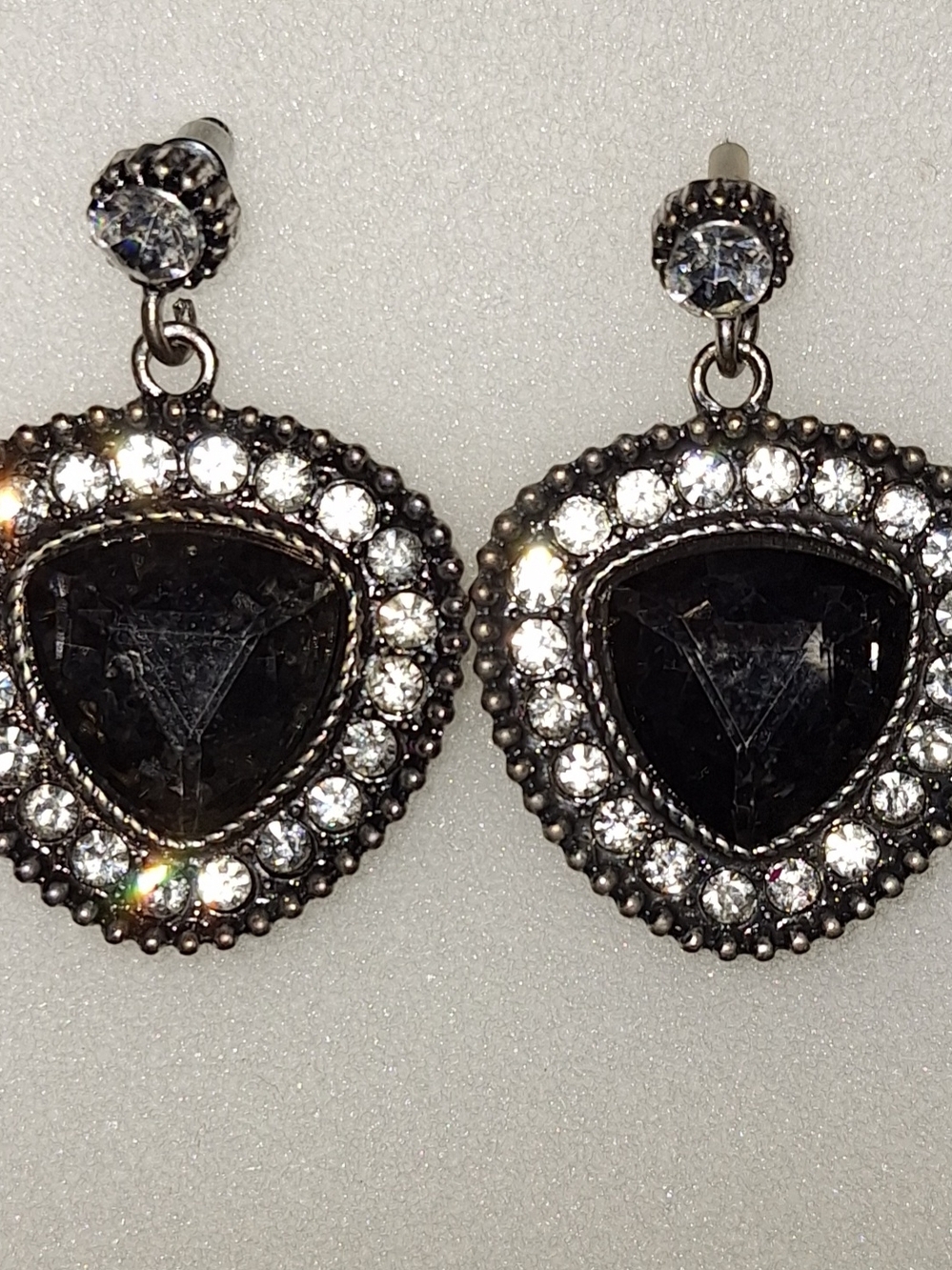 Black Crystal Drop Earrings with Clear Halo Accent